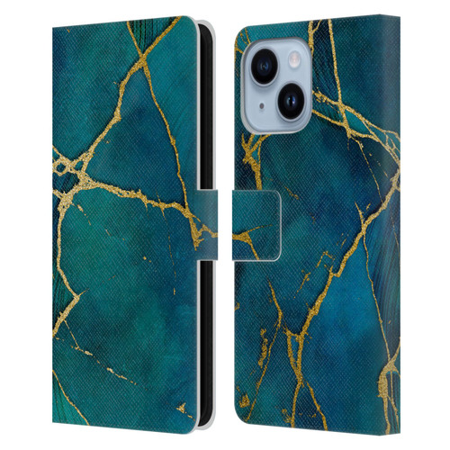 LebensArt Mineral Marble Blue And Gold Leather Book Wallet Case Cover For Apple iPhone 14 Plus
