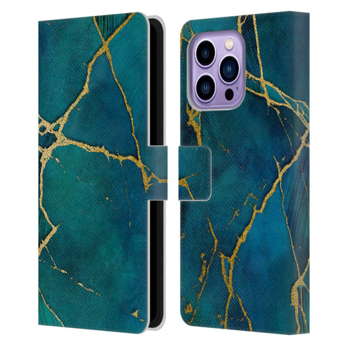 LebensArt Mineral Marble Blue And Gold Leather Book Wallet Case Cover For Apple iPhone 14 Pro Max