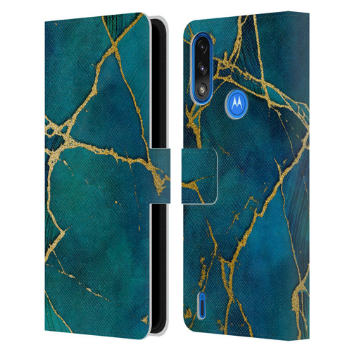 LebensArt Mineral Marble Blue And Gold Leather Book Wallet Case Cover For Motorola Moto E7 Power / Moto E7i Power
