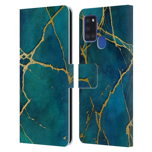 LebensArt Mineral Marble Blue And Gold Leather Book Wallet Case Cover For Samsung Galaxy A21s (2020)