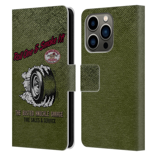 Busted Knuckle Garage Graphics Tire Leather Book Wallet Case Cover For Apple iPhone 14 Pro