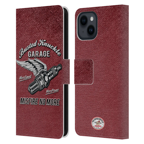 Busted Knuckle Garage Graphics Misfire Leather Book Wallet Case Cover For Apple iPhone 15
