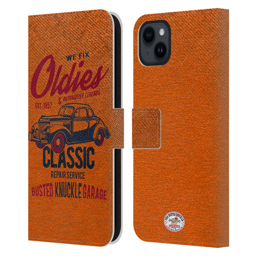 Busted Knuckle Garage Graphics Classic Leather Book Wallet Case Cover For Apple iPhone 15 Plus