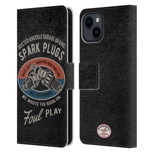 Busted Knuckle Garage Graphics Spark Plugs Leather Book Wallet Case Cover For Apple iPhone 15