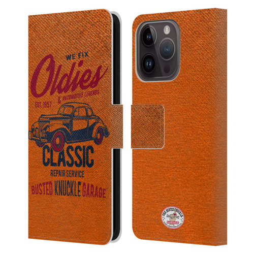 Busted Knuckle Garage Graphics Classic Leather Book Wallet Case Cover For Apple iPhone 15 Pro