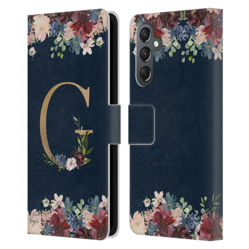 Nature Magick Floral Monogram Gold Navy Letter G Leather Book Wallet Case Cover For Samsung Galaxy A25 5G