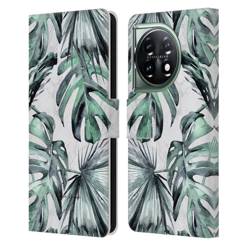 Nature Magick Tropical Palm Leaves On Marble Turquoise Green Island Leather Book Wallet Case Cover For OnePlus 11 5G