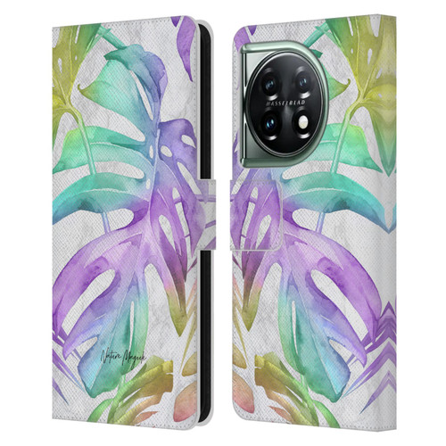 Nature Magick Tropical Palm Leaves On Marble Rainbow Leaf Leather Book Wallet Case Cover For OnePlus 11 5G
