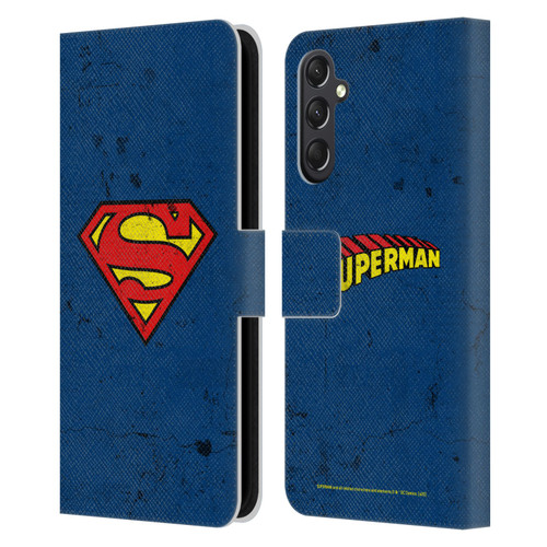 Superman DC Comics Logos Distressed Leather Book Wallet Case Cover For Samsung Galaxy A24 4G / M34 5G