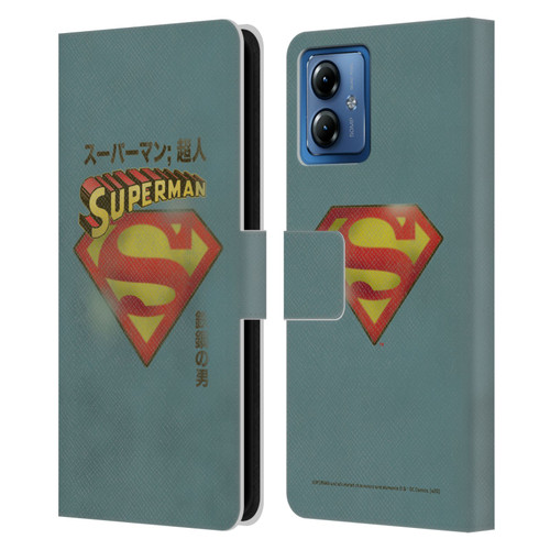 Superman DC Comics Vintage Fashion Japanese Logo Leather Book Wallet Case Cover For Motorola Moto G14