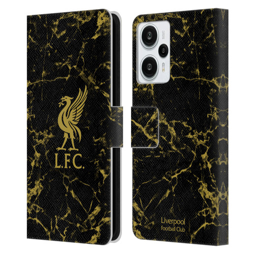 Liverpool Football Club Crest & Liverbird Patterns 1 Black & Gold Marble Leather Book Wallet Case Cover For Xiaomi Redmi Note 12T
