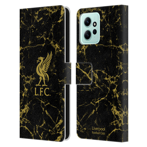 Liverpool Football Club Crest & Liverbird Patterns 1 Black & Gold Marble Leather Book Wallet Case Cover For Xiaomi Redmi 12