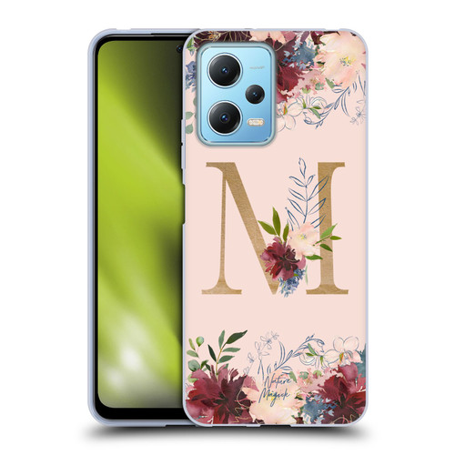 Nature Magick Flowers Monogram Rose Gold 1 Letter M Soft Gel Case for Xiaomi Redmi Note 12 5G