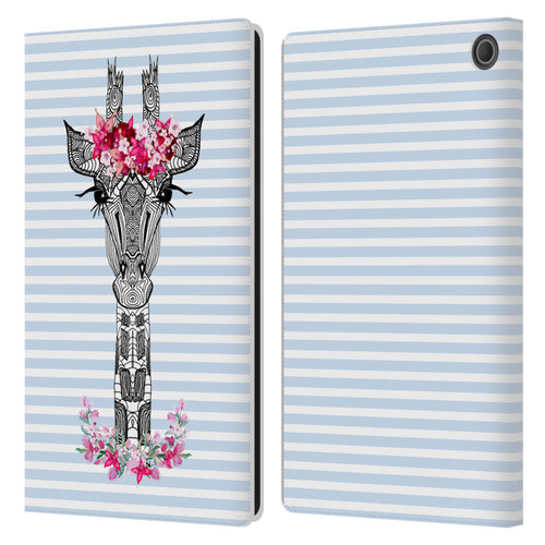 Monika Strigel Flower Giraffe And Stripes Blue Leather Book Wallet Case Cover For Amazon Fire Max 11 2023