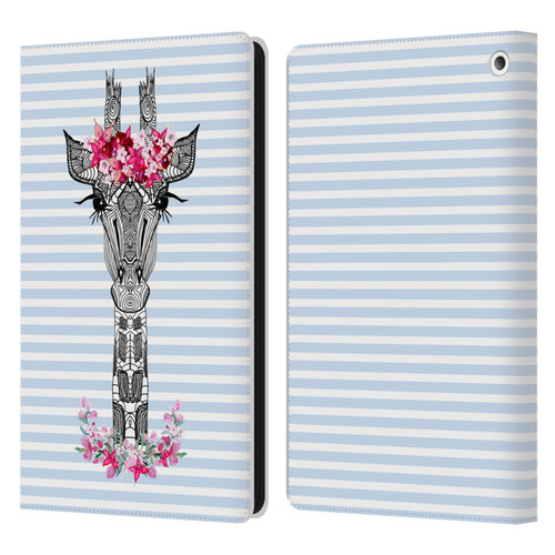 Monika Strigel Flower Giraffe And Stripes Blue Leather Book Wallet Case Cover For Amazon Fire HD 8/Fire HD 8 Plus 2020