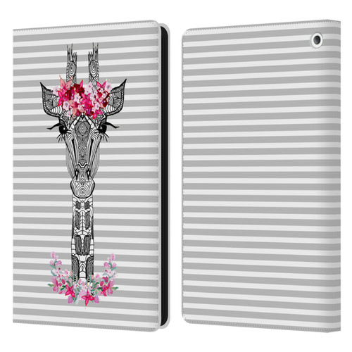 Monika Strigel Flower Giraffe And Stripes Grey Leather Book Wallet Case Cover For Amazon Fire HD 8/Fire HD 8 Plus 2020