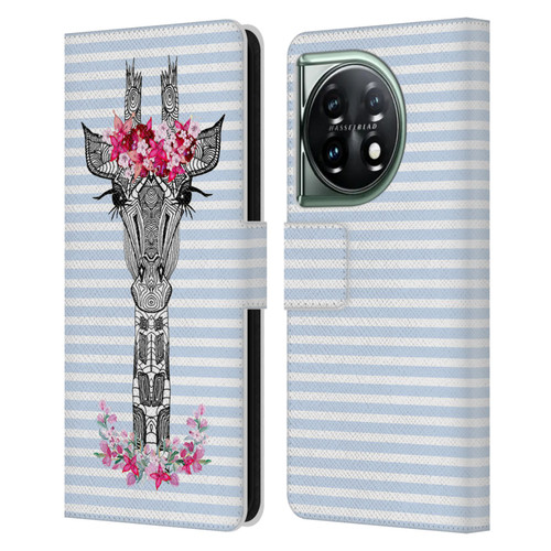 Monika Strigel Flower Giraffe And Stripes Blue Leather Book Wallet Case Cover For OnePlus 11 5G