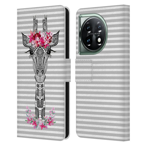 Monika Strigel Flower Giraffe And Stripes Grey Leather Book Wallet Case Cover For OnePlus 11 5G