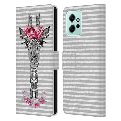 Monika Strigel Flower Giraffe And Stripes Grey Leather Book Wallet Case Cover For Xiaomi Redmi 12
