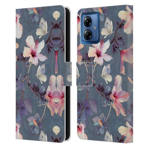 Micklyn Le Feuvre Florals Butterflies and Hibiscus Leather Book Wallet Case Cover For Motorola Moto G14