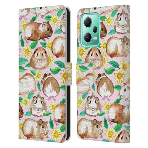 Micklyn Le Feuvre Patterns 2 Guinea Pigs And Daisies In Watercolour On Pink Leather Book Wallet Case Cover For Xiaomi Redmi Note 12 5G