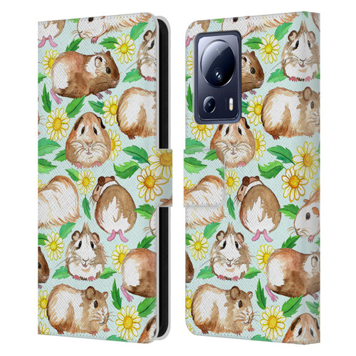 Micklyn Le Feuvre Patterns 2 Guinea Pigs And Daisies In Watercolour On Mint Leather Book Wallet Case Cover For Xiaomi 13 Lite 5G