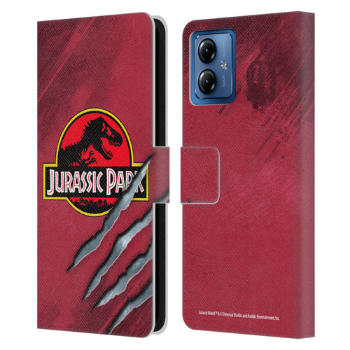 Jurassic Park Logo Red Claw Leather Book Wallet Case Cover For Motorola Moto G14