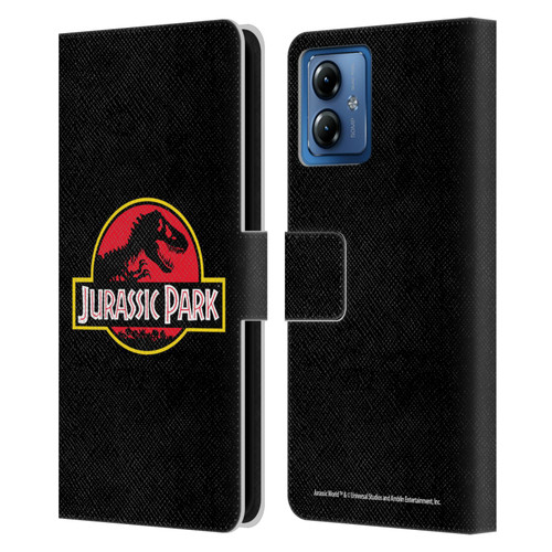 Jurassic Park Logo Plain Black Leather Book Wallet Case Cover For Motorola Moto G14