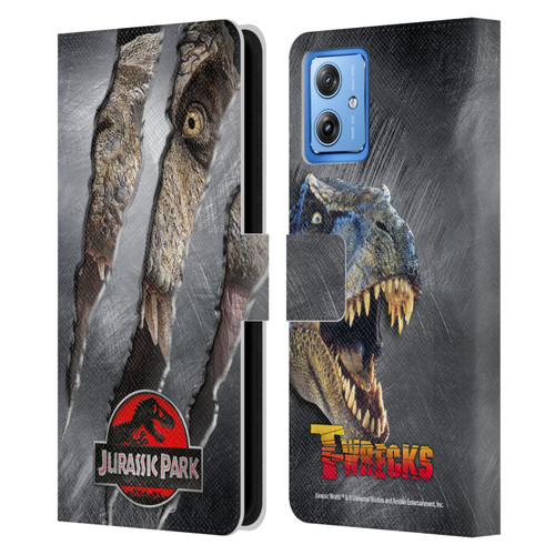 Jurassic Park Logo T-Rex Claw Mark Leather Book Wallet Case Cover For Motorola Moto G54 5G