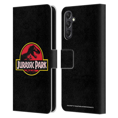 Jurassic Park Logo Plain Black Leather Book Wallet Case Cover For Samsung Galaxy A24 4G / M34 5G