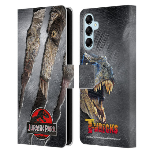 Jurassic Park Logo T-Rex Claw Mark Leather Book Wallet Case Cover For Samsung Galaxy M14 5G