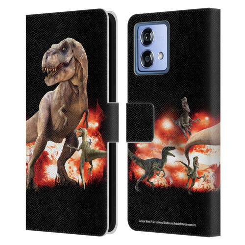 Jurassic World Key Art T-Rex VS. Velociraptors Leather Book Wallet Case Cover For Motorola Moto G84 5G