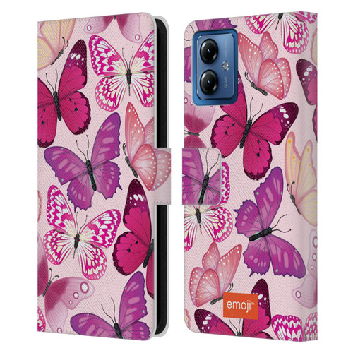 emoji® Butterflies Pink And Purple Leather Book Wallet Case Cover For Motorola Moto G14