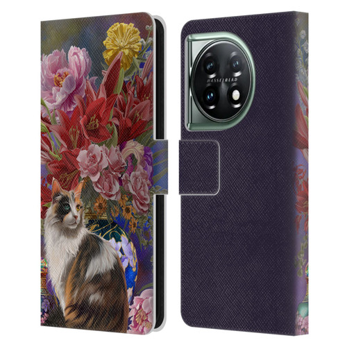 Nene Thomas Art Cat With Bouquet Of Flowers Leather Book Wallet Case Cover For OnePlus 11 5G