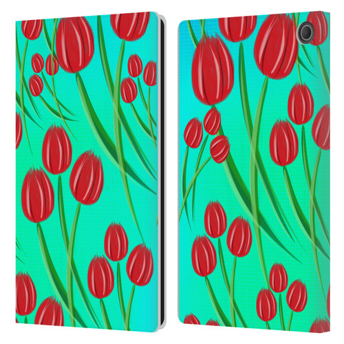 Grace Illustration Lovely Floral Red Tulips Leather Book Wallet Case Cover For Amazon Fire Max 11 2023