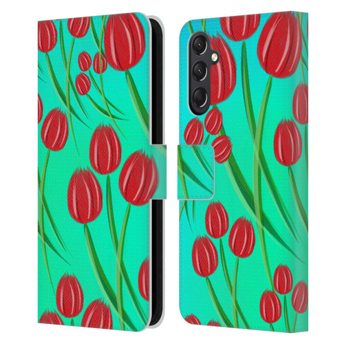 Grace Illustration Lovely Floral Red Tulips Leather Book Wallet Case Cover For Samsung Galaxy A24 4G / M34 5G