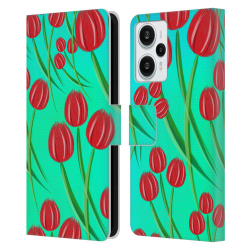 Grace Illustration Lovely Floral Red Tulips Leather Book Wallet Case Cover For Xiaomi Redmi Note 12T
