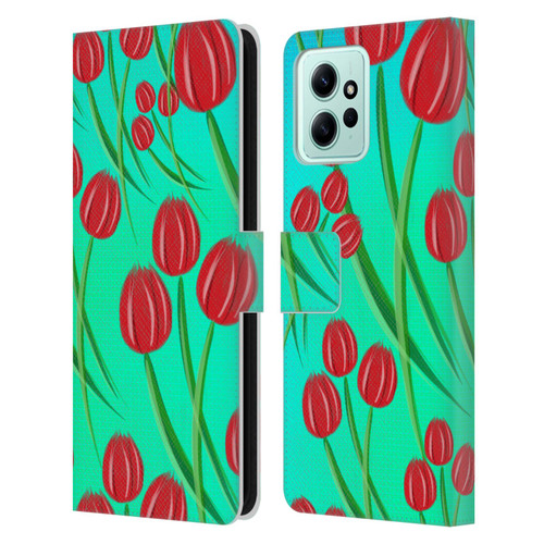 Grace Illustration Lovely Floral Red Tulips Leather Book Wallet Case Cover For Xiaomi Redmi 12