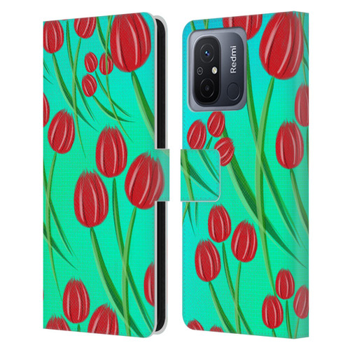 Grace Illustration Lovely Floral Red Tulips Leather Book Wallet Case Cover For Xiaomi Redmi 12C