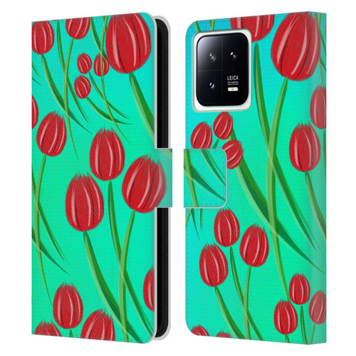 Grace Illustration Lovely Floral Red Tulips Leather Book Wallet Case Cover For Xiaomi 13 5G