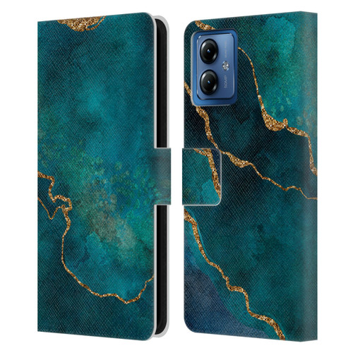 LebensArt Mineral Marble Glam Turquoise Leather Book Wallet Case Cover For Motorola Moto G14