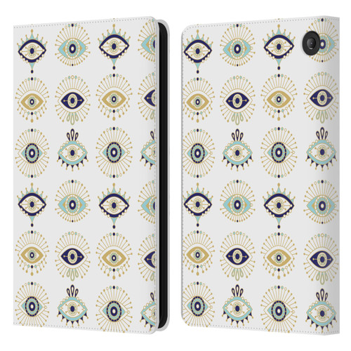 Cat Coquillette Linear White Evil Eyes Pattern Leather Book Wallet Case Cover For Amazon Fire 7 2022