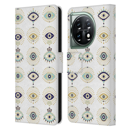 Cat Coquillette Linear White Evil Eyes Pattern Leather Book Wallet Case Cover For OnePlus 11 5G