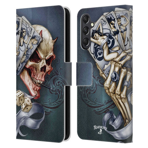 Alchemy Gothic Skull And Cards Read 'Em And Weep Leather Book Wallet Case Cover For Samsung Galaxy A24 4G / M34 5G