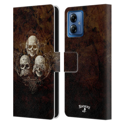 Alchemy Gothic Skull No Evil Three Skull Leather Book Wallet Case Cover For Motorola Moto G14