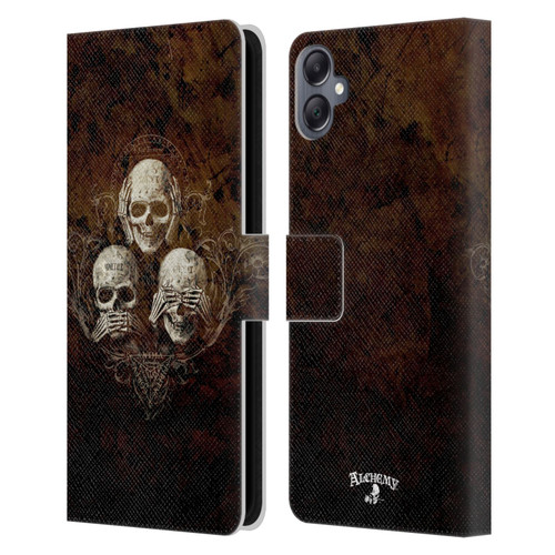 Alchemy Gothic Skull No Evil Three Skull Leather Book Wallet Case Cover For Samsung Galaxy A05