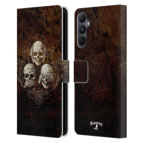 Alchemy Gothic Skull No Evil Three Skull Leather Book Wallet Case Cover For Samsung Galaxy A05s