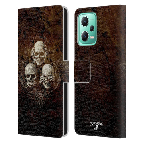 Alchemy Gothic Skull No Evil Three Skull Leather Book Wallet Case Cover For Xiaomi Redmi Note 12 5G