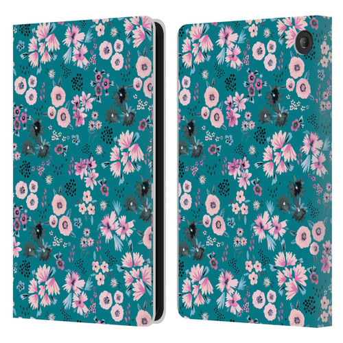 Ninola Floral Patterns Little Dark Turquoise Leather Book Wallet Case Cover For Amazon Fire 7 2022