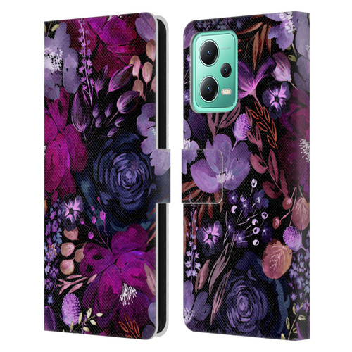 Anis Illustration Graphics Floral Chaos Purple Leather Book Wallet Case Cover For Xiaomi Redmi Note 12 5G